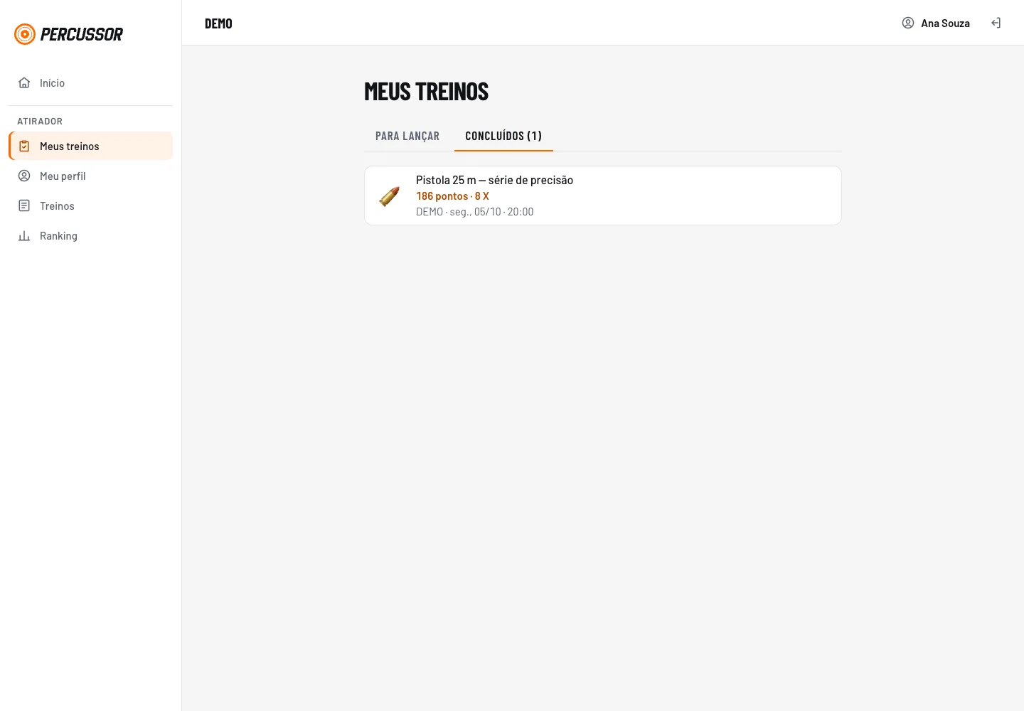 Lista de treinos do Percussor com resultados de tiro ao alvo